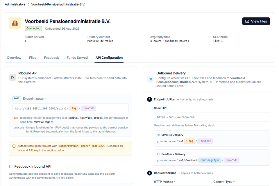 API configuration of an administrator: inbound endpoint pattern, feedback inbound API and outbound delivery