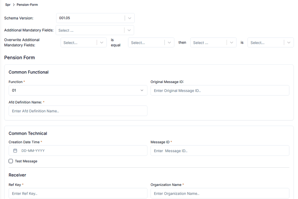 Create JSON: the SPR pension form with schema version 001.05 and additional mandatory fields