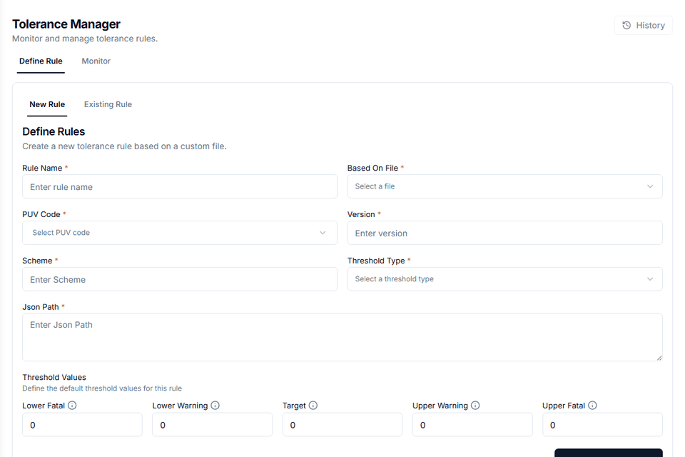 Tolerance Manager: define a rule with PUV code, version, scheme, JSON path and threshold values